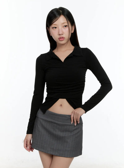 layered-collar-shirred-long-sleeve-top-cs518 / Black