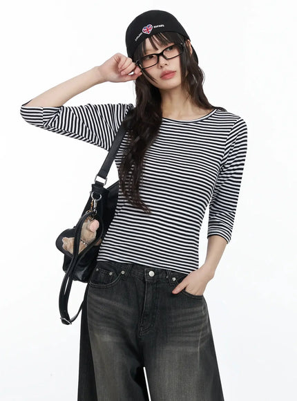 striped-3-4-sleeve-top-if505 / Black