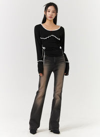 denim-middle-waist-solid-flared-jeans-cd322 / Black