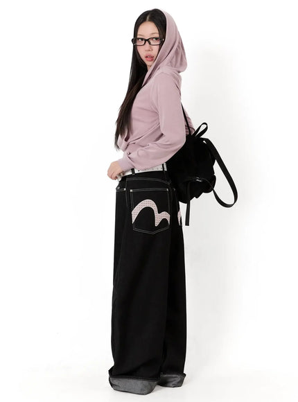 kacey-plaid-stitched-back-pocket-baggy-jeans-im513 / Black