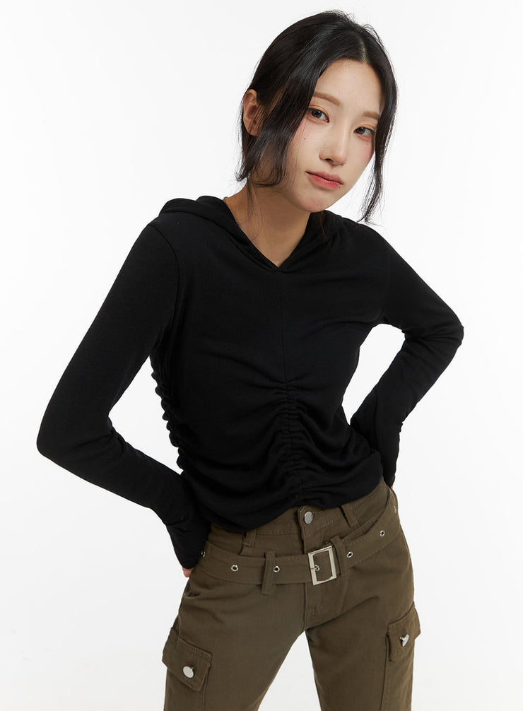 slim-fit-hooded-shirring-top-cj416 / Black