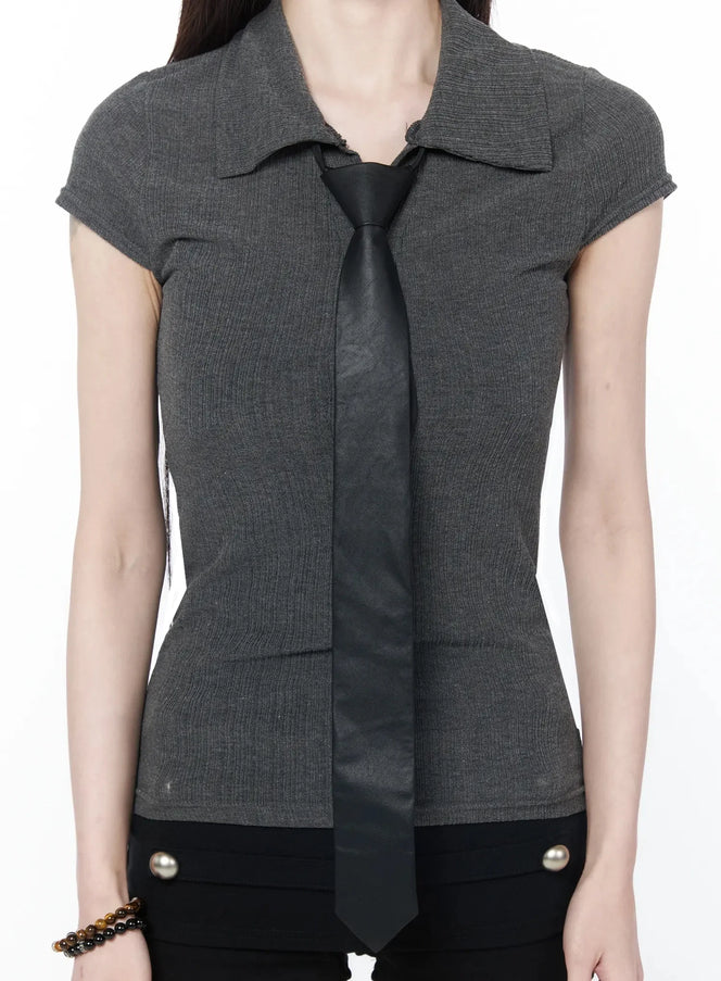 faux-leather-chic-neck-tie-iy515 / Black