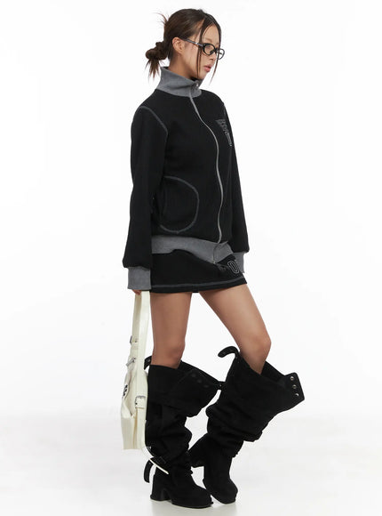 two-tone-waffle-knit-skirt-cj512 / Black