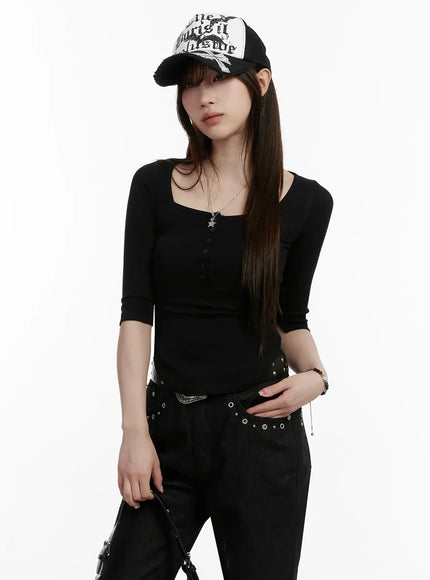 half-sleeve-square-neck-ribbed-top-ij516 / Black