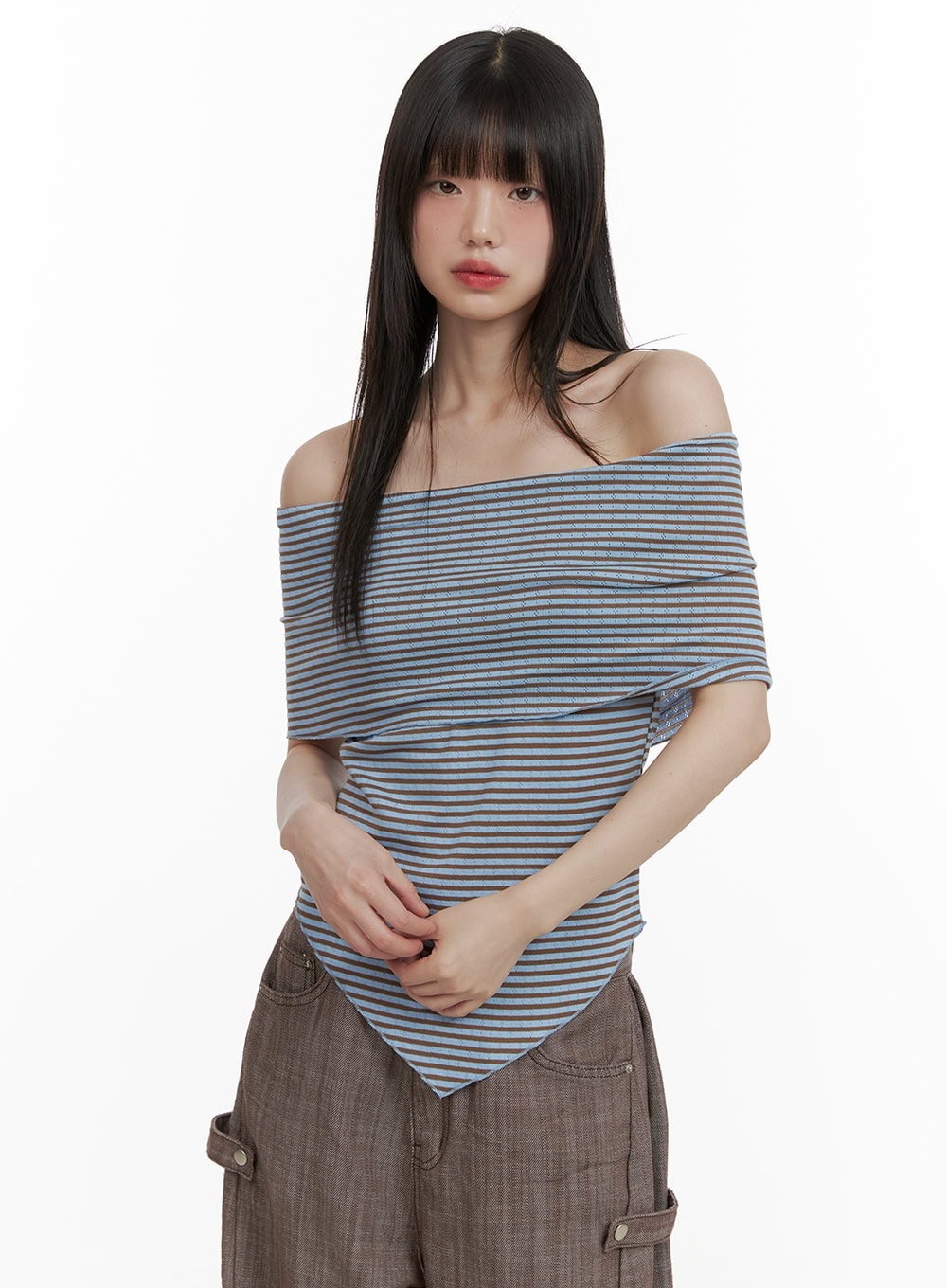 stripe-off-shoulder-tee-cy428 / Blue