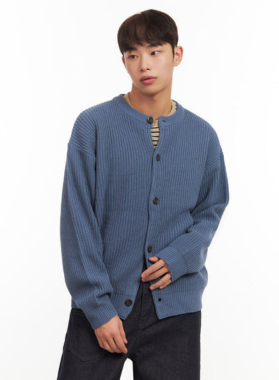 mens-ribbed-buttoned-round-neck-cardigan-if517 / Blue
