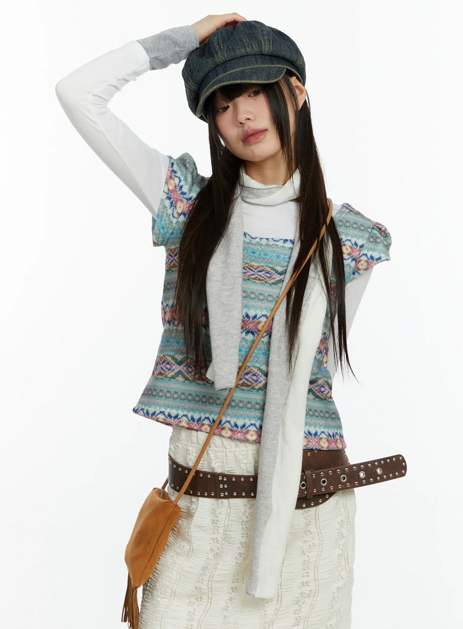 fair-isle-puff-short-sleeve-top-cf509 / Blue