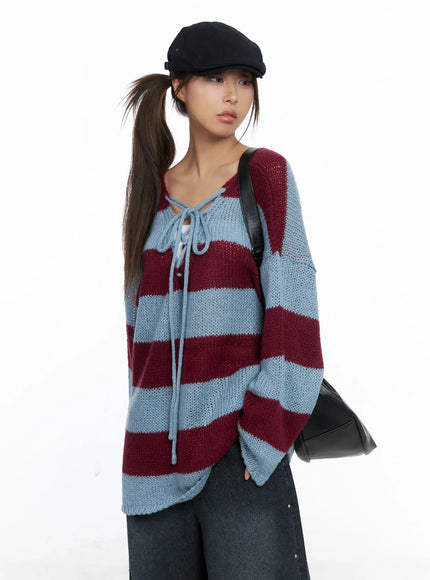 striped-lace-up-long-sleeve-knit-top-cs505 / Blue