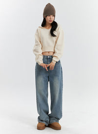 mid-waist-washed-button-wide-leg-jeans-od320 / Blue