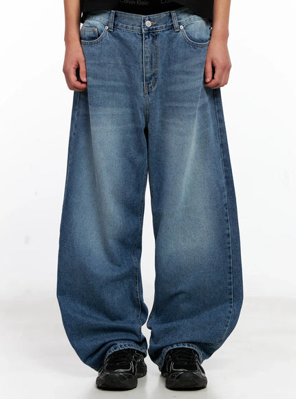 mens-wide-leg-washed-denim-jeans-ig511 / Blue
