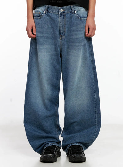 mens-wide-leg-washed-denim-jeans-ig511 / Blue