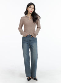 cotton-washed-straight-leg-pants-om420 / Blue
