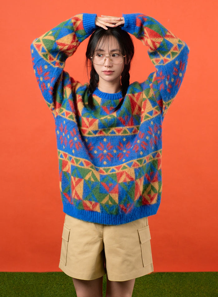 geometric-patterned-knit-sweater-of405 / Blue
