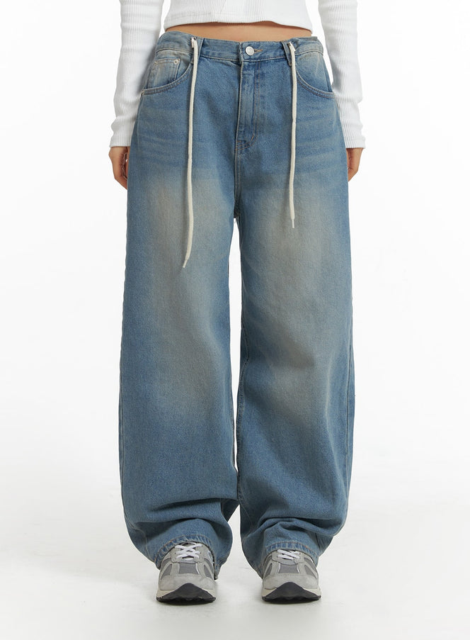 mid-waist-wide-leg-drawstring-jeans-cj429 / Blue