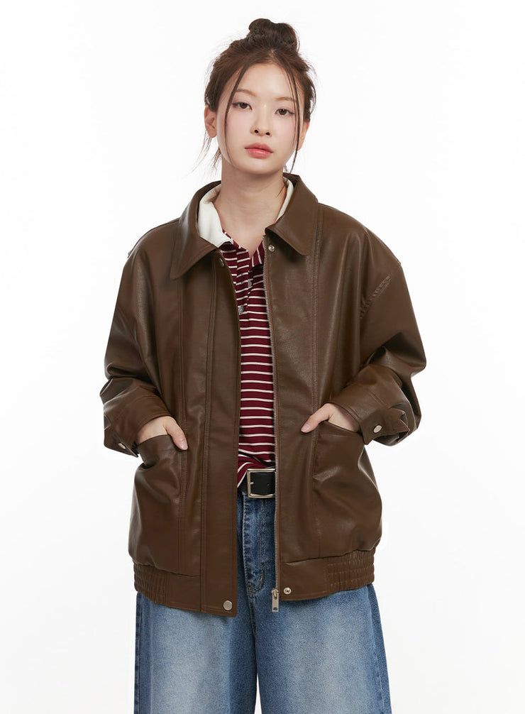 oversized-faux-leather-jacket-ij527 / Brown