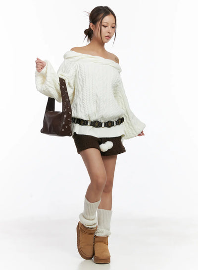 cable-knit-pom-pom-shorts-cj512 / Brown