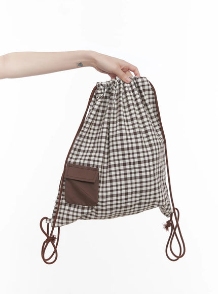 plaid-print-adjustable-drawstring-bag-cu518 / Brown