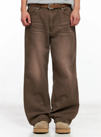 mens-washed-wide-leg-denim-jeans-ig511 / Brown