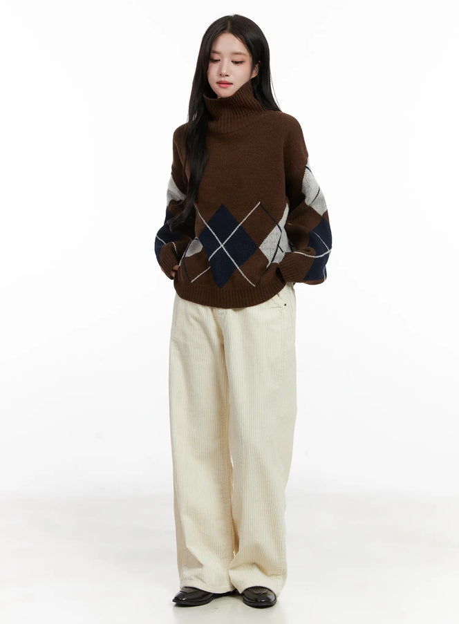 argyle-turtleneck-knit-sweater-cn526 / Brown