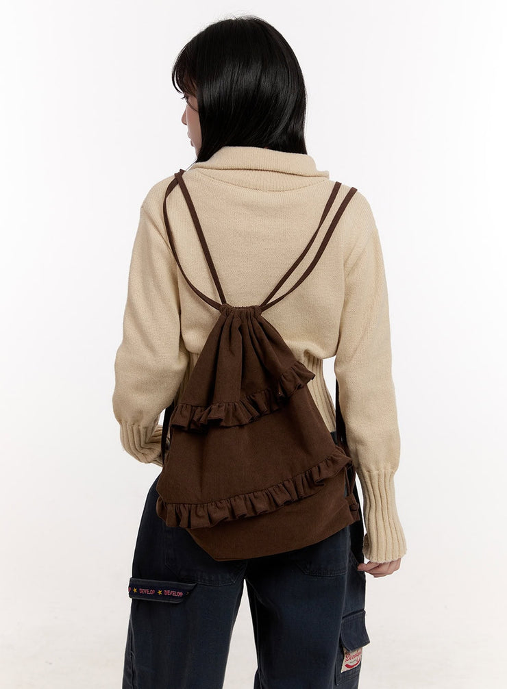 frill-detail-drawstring-bag-cj531 / Brown