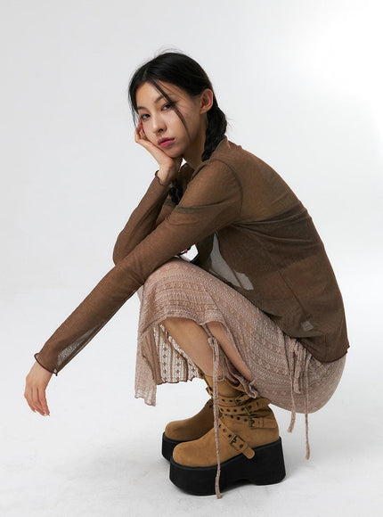 sheer-mesh-turtle-neck-top-is327 / Brown