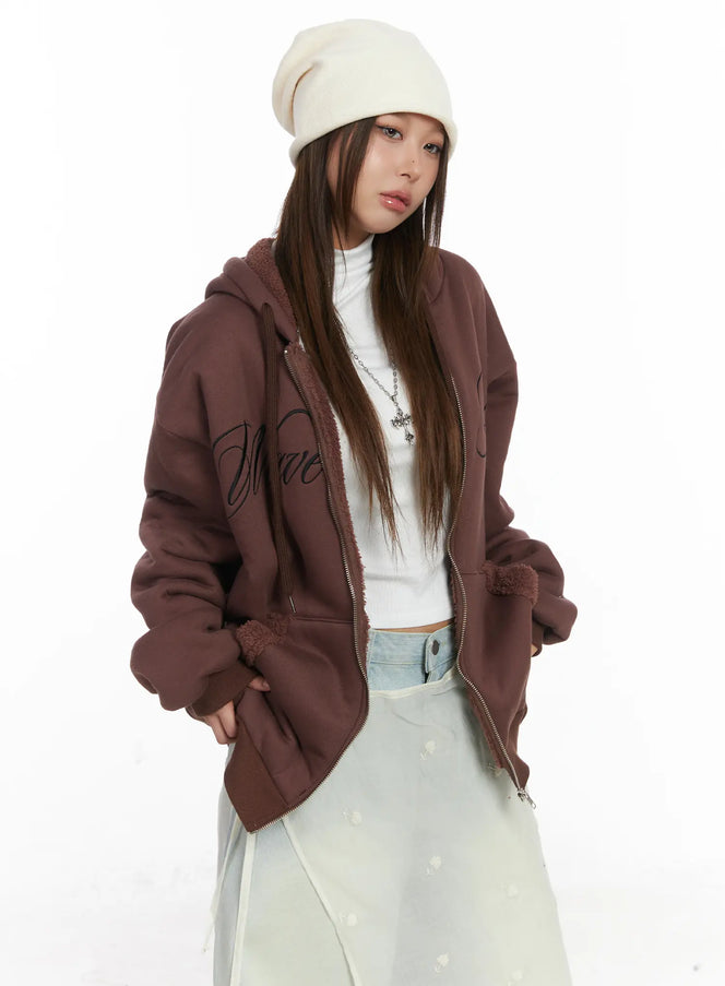 oversized-fleece-lettering-hoodie-cj512 / Brown