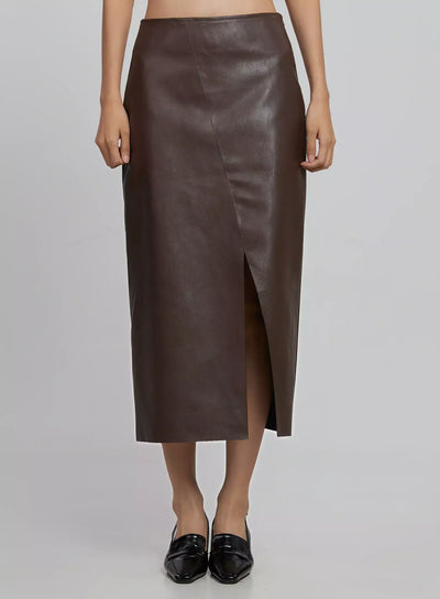 slit-faux-leather-maxi-skirt-id504 / Brown