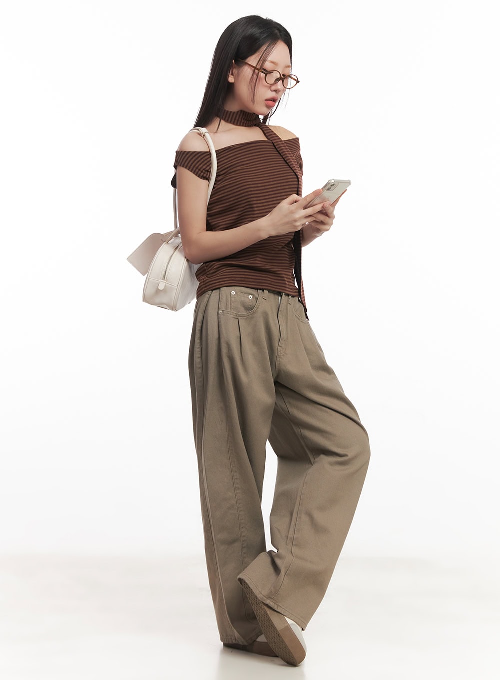 stripe-off-shoulder-top-with-scarf-ca521 / Brown