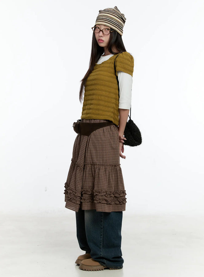 gingham-ruffle-layered-midi-skirt-cs517 / Brown