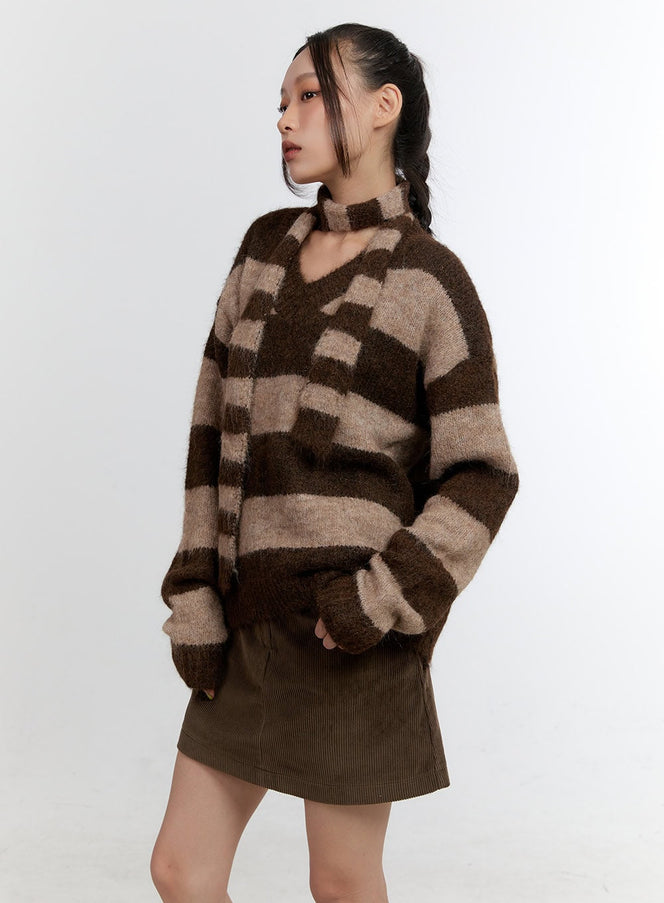 comfy-striped-v-neck-sweater-with-muffler-cn401 / Brown