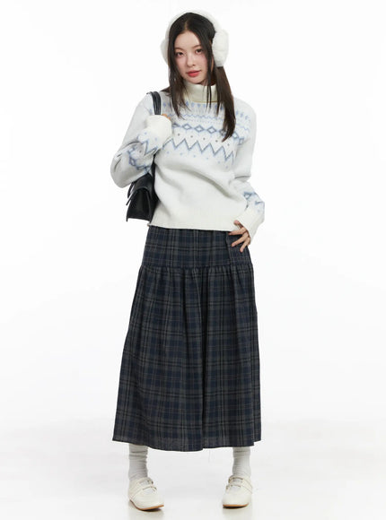 plaid-tiered-maxi-skirt-cj507 / Dark blue