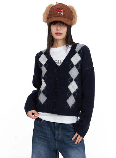 argyle-brush-cardigan-cn521 / Dark blue