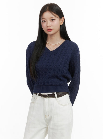 oversized-v-neck-knit-crop-sweater-os411 / Dark blue