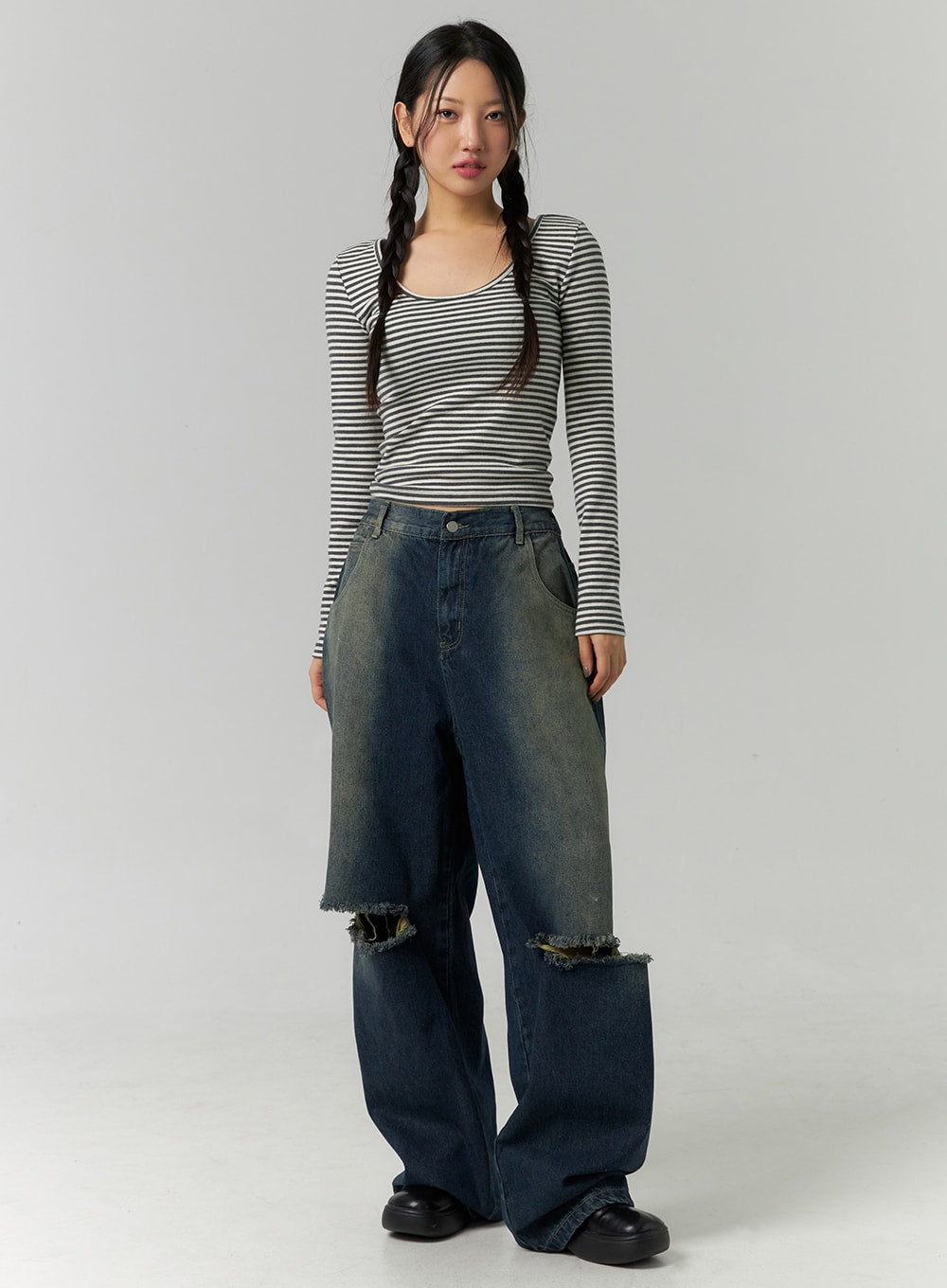 destroyed-washed-wide-leg-jeans-cn324 / Dark blue