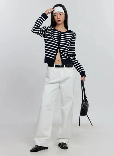 striped-button-up-cardigan-is515 / Dark blue
