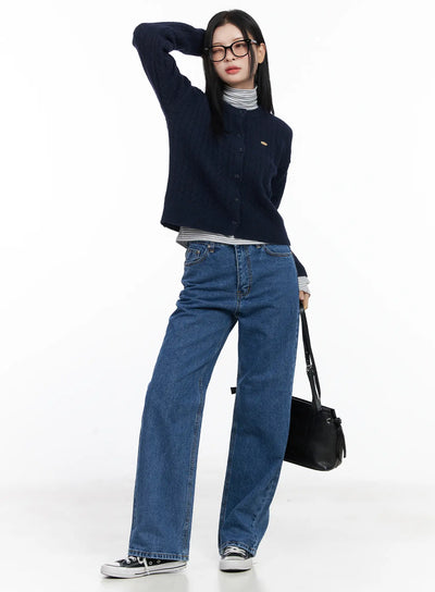 round-neck-cable-knit-cardigan-cj519 / Dark blue