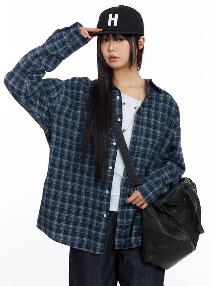 oversized-plaid-flannel-button-up-shirt-cf504 / Dark blue
