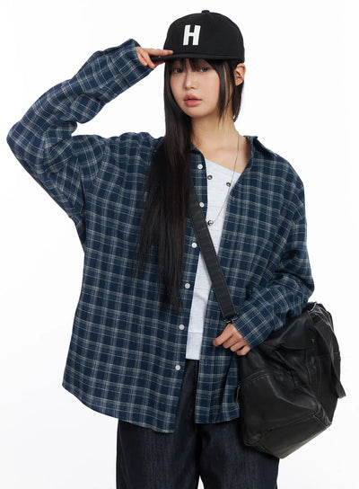 oversized-plaid-flannel-button-up-shirt-cf504 / Dark blue