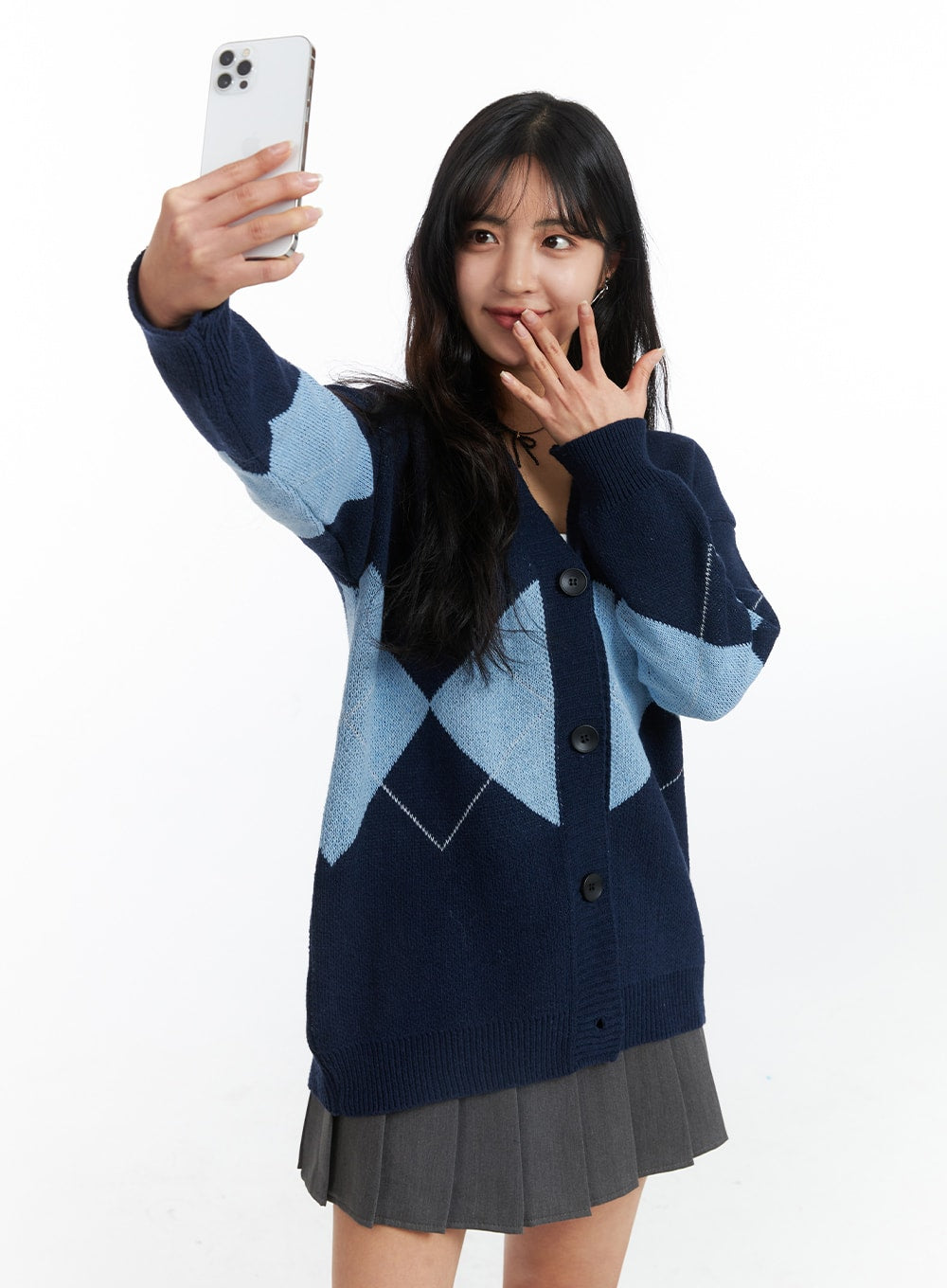 argyle-oversized-buttoned-cardigan-oj426 / Dark blue