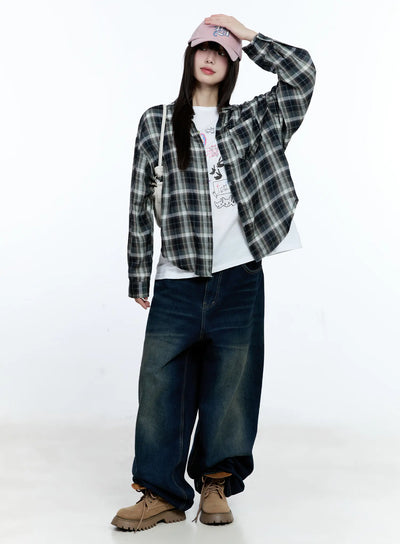 plaid-loose-fit-summer-button-up-shirt-cg511 / Dark blue