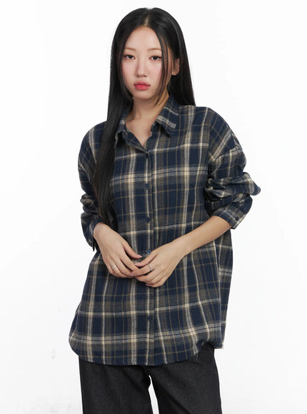 oversized-plaid-button-up-shirt-cd529 / Dark blue