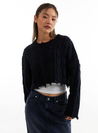 distressed-cable-knit-crop-sweater-co313 / Dark blue
