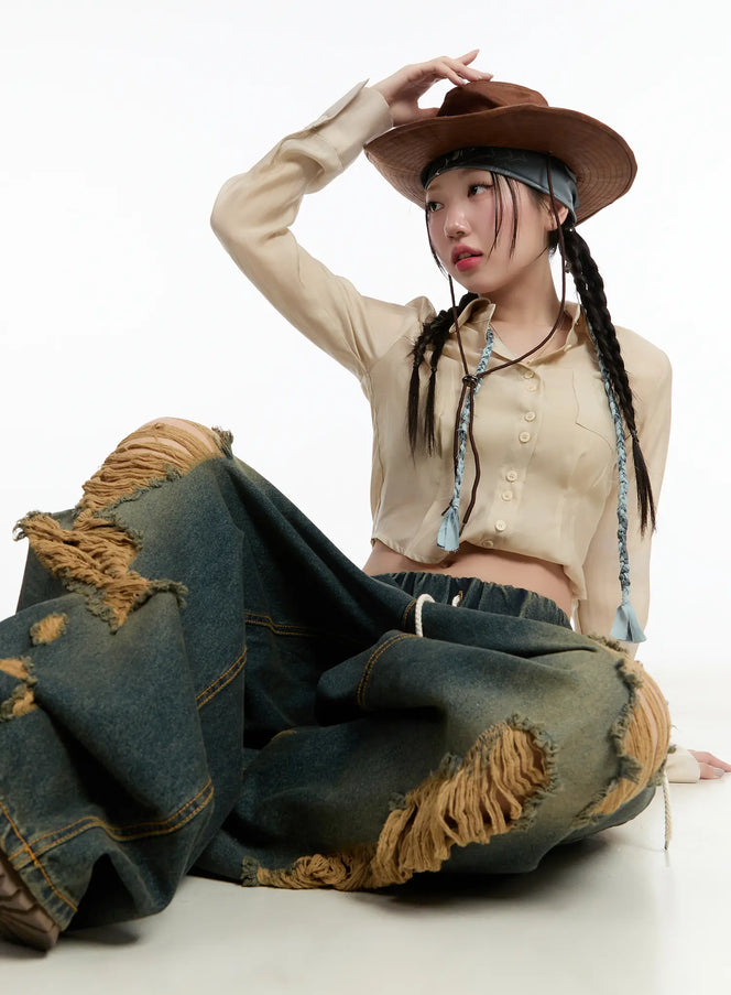 yoomi-distressed-wide-leg-jeans-cm511 / Dark blue