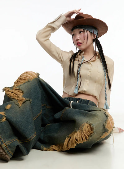 yoomi-distressed-wide-leg-jeans-cm511 / Dark blue