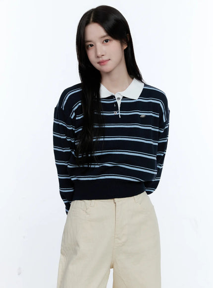 striped-collared-long-sleeve-top-cg513 / Dark blue
