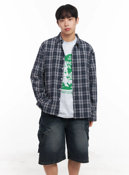 mens-loose-fit-flannel-shirt-iu519 / Dark blue