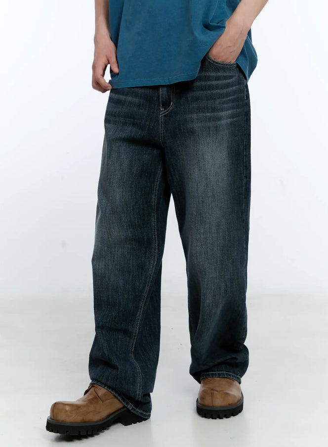 mens-vintage-wash-wide-leg-jeans-il529 / Dark blue