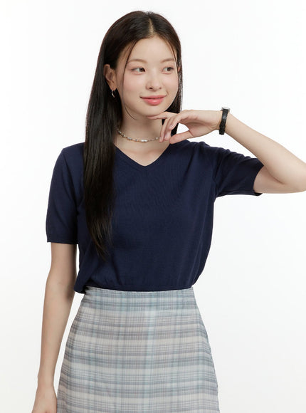 v-neck-short-sleeve-knit-top-ol423 / Dark blue