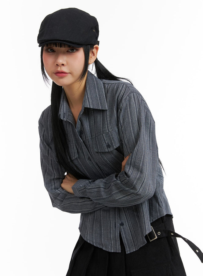 collar-stripe-button-long-sleeve-shirt-cj411 / Dark blue