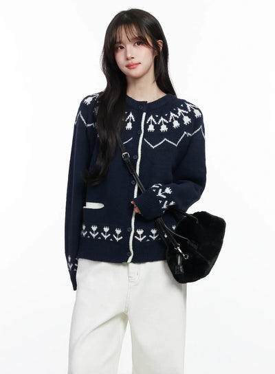 nordic-pattern-button-up-knit-cardigan-ij529 / Dark blue